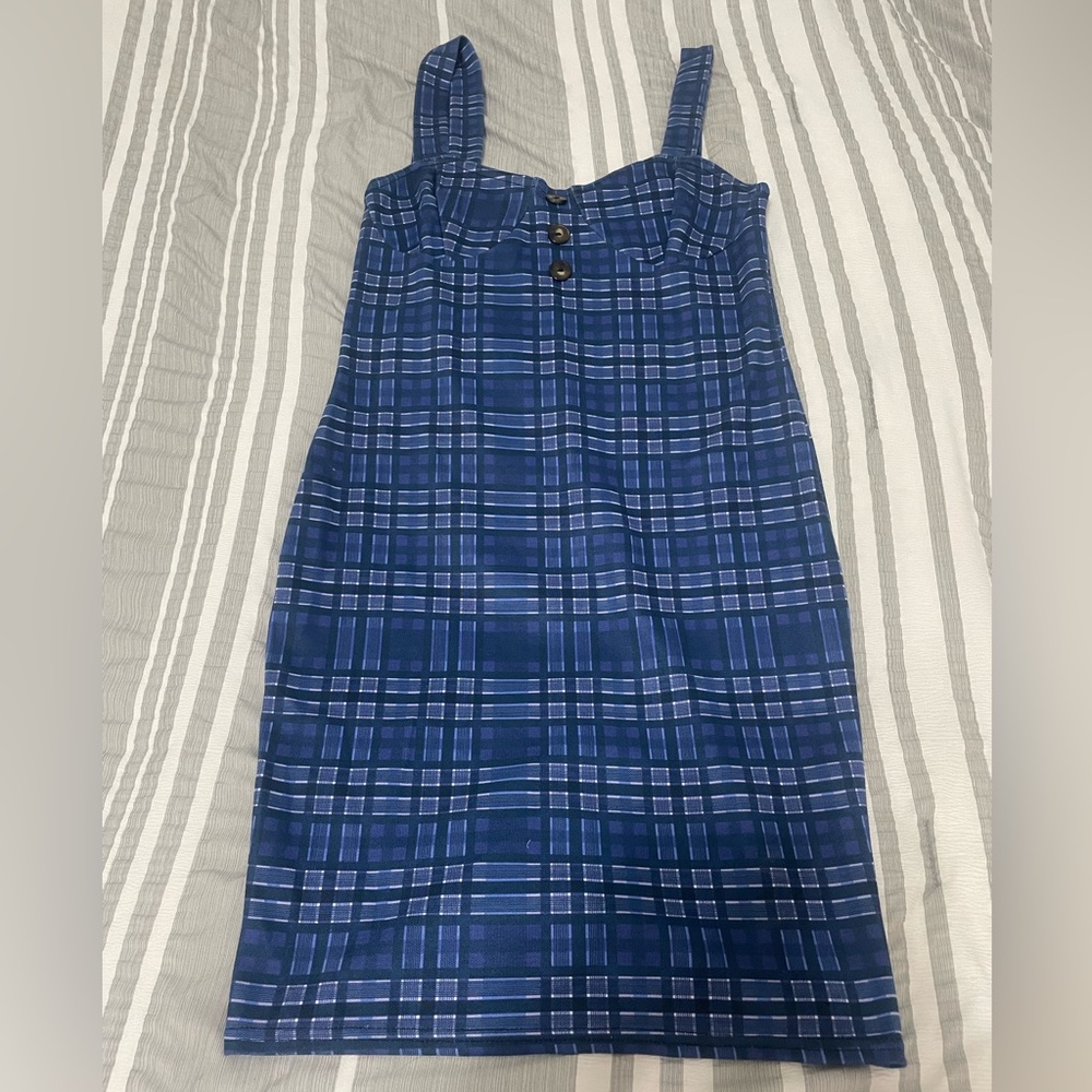 Boohoo Body-con Dress, Blue Plaid Detail with Buttons on Front, Size 6